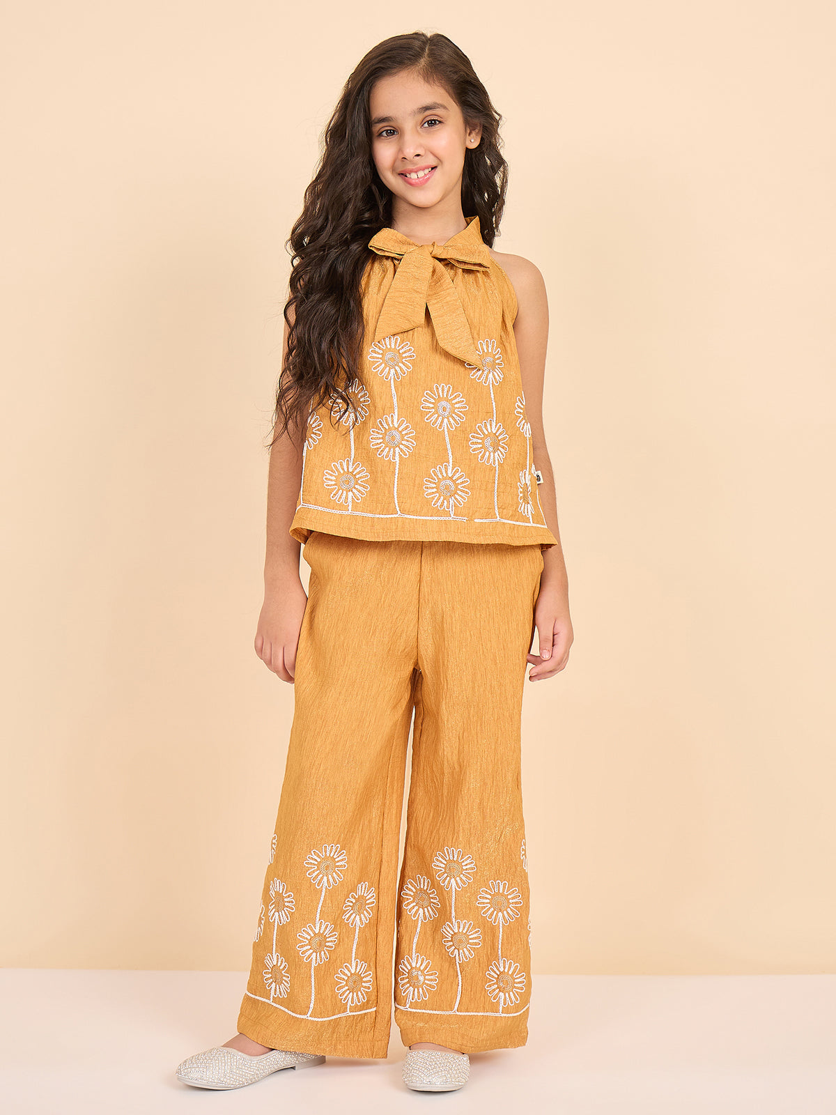 Girls Hip Length Embroidery Top With Pants - Mustard