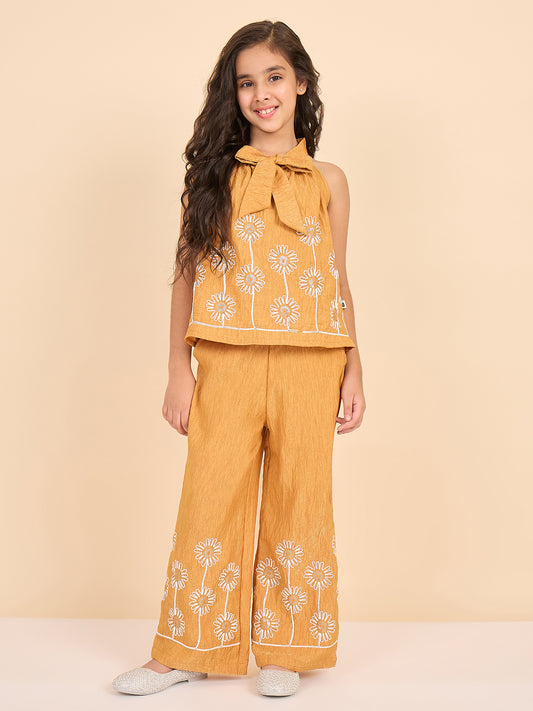 Girls Hip Length Embroidery Top With Pants - Mustard