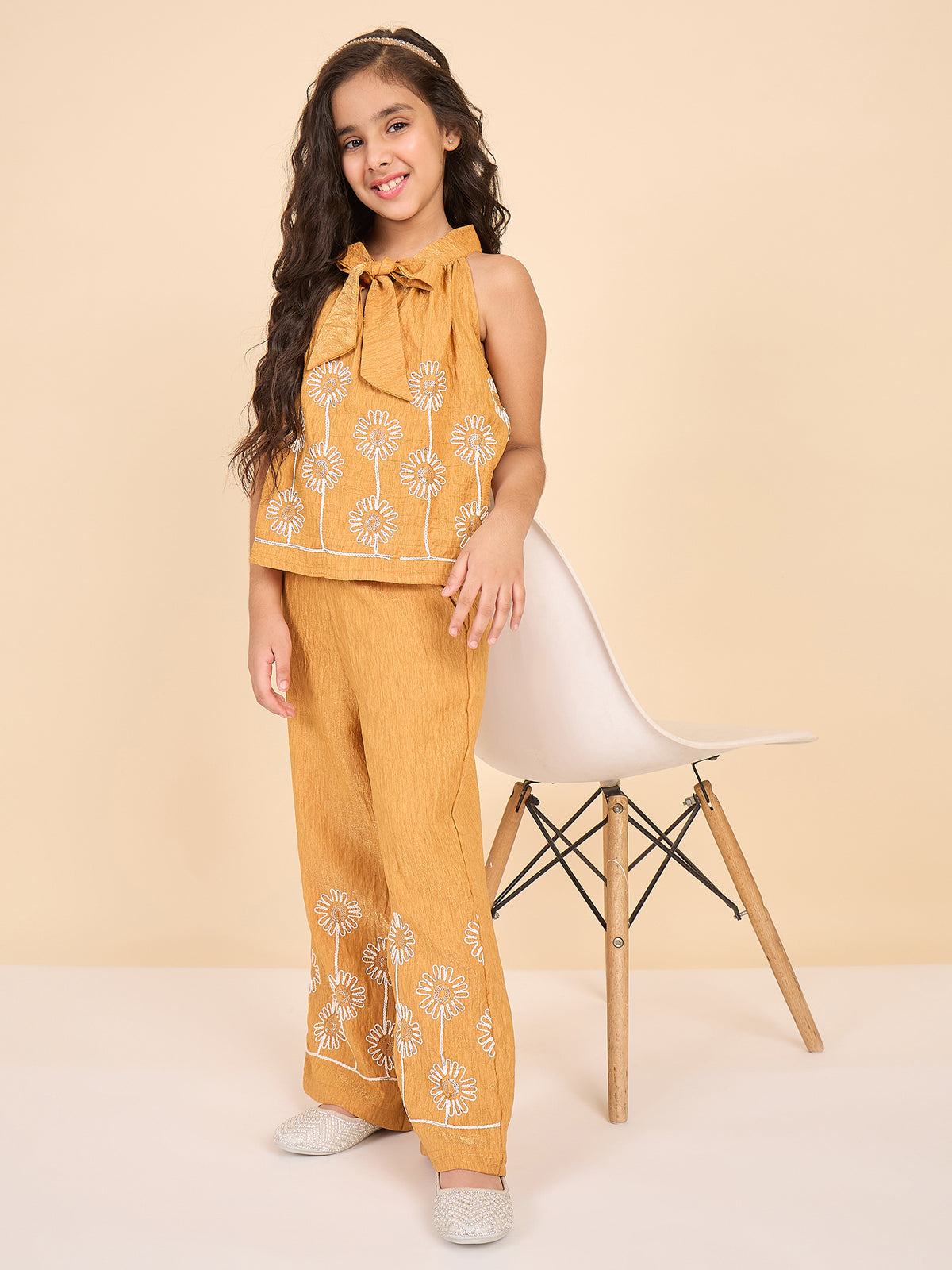 Girls Hip Length Embroidery Top With Pants - Mustard