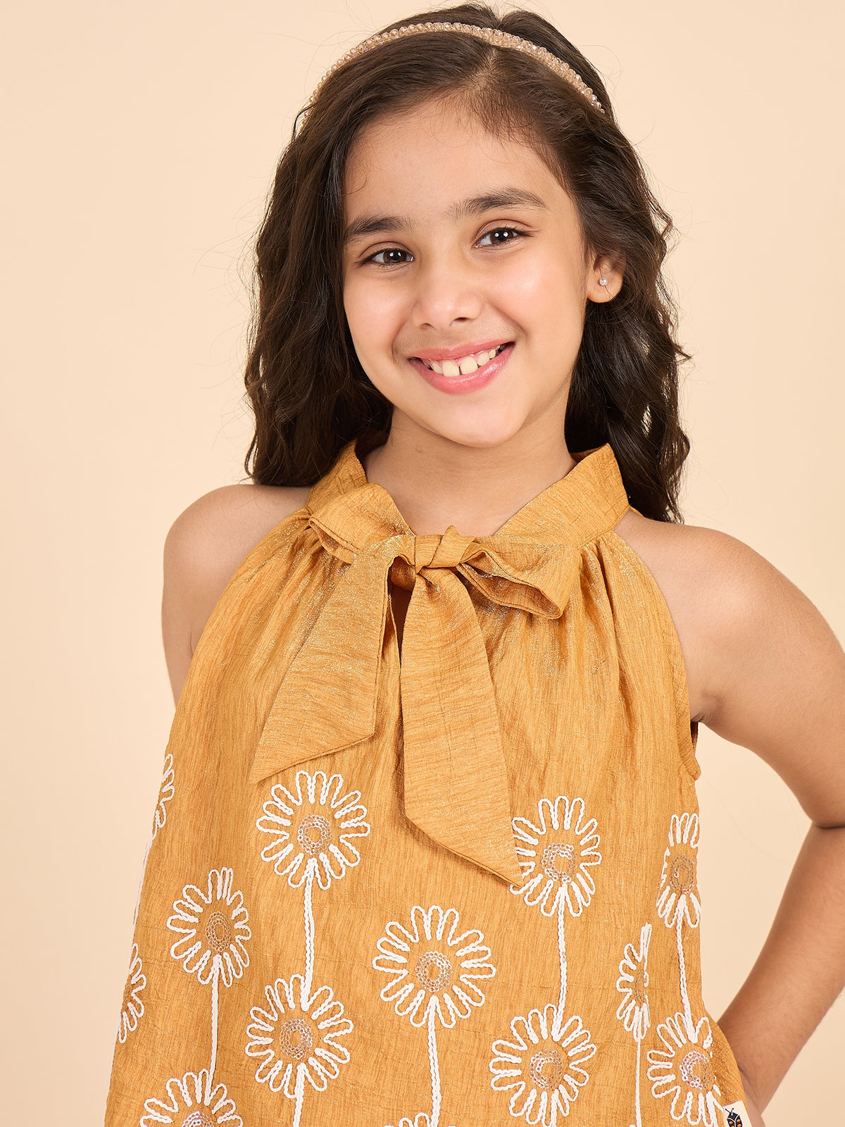 Girls Hip Length Embroidery Top With Pants - Mustard