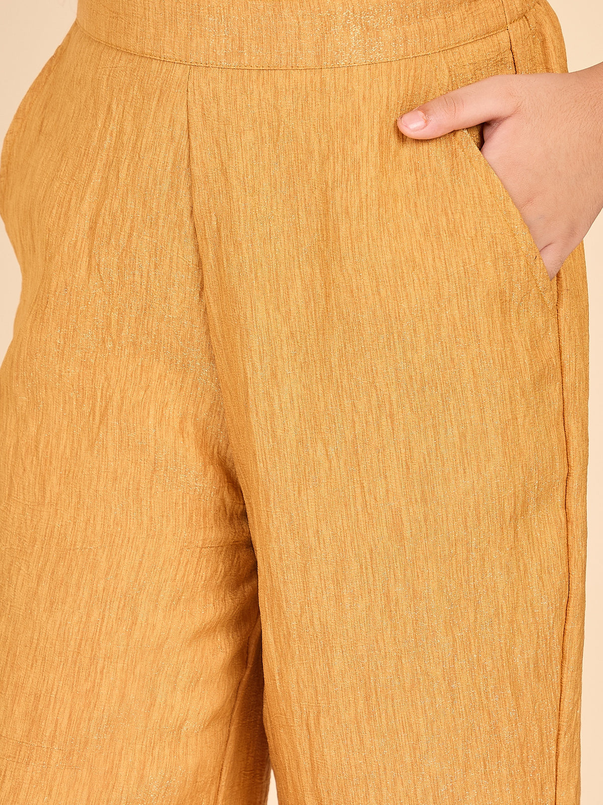 Girls Hip Length Embroidery Top With Pants - Mustard