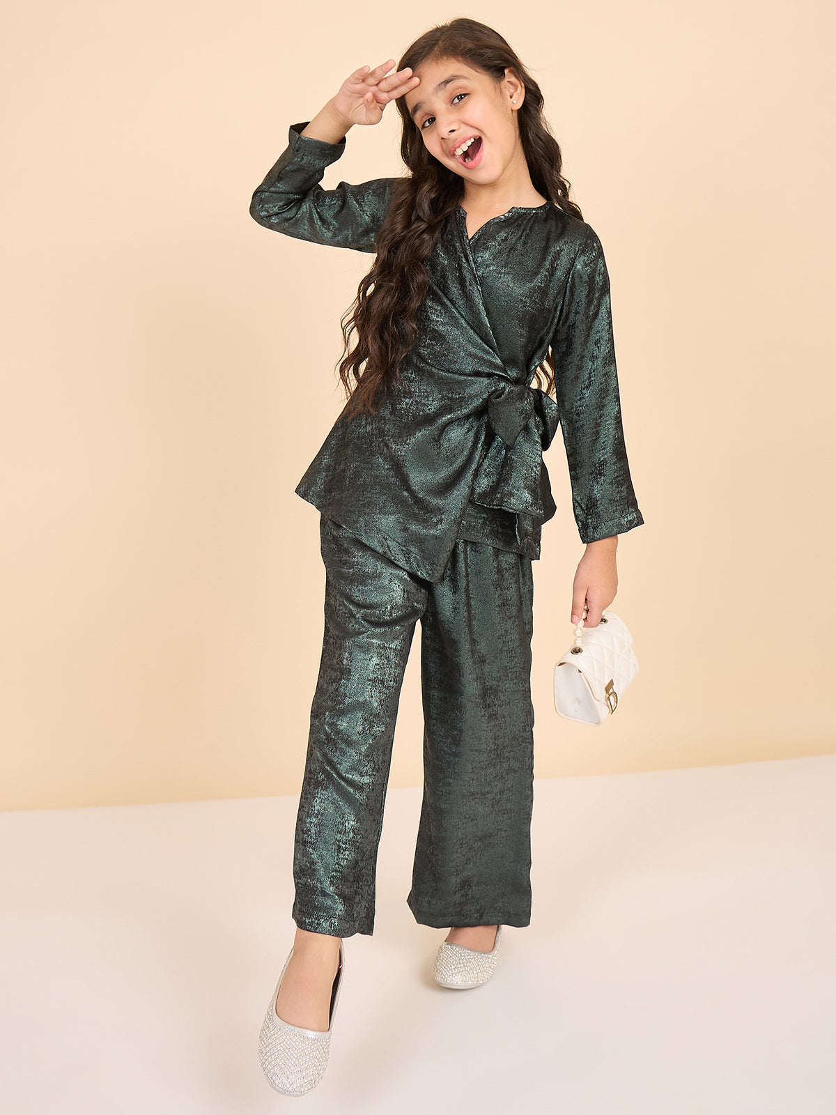 Girls Ankle Length Solid Top With Pants - Green