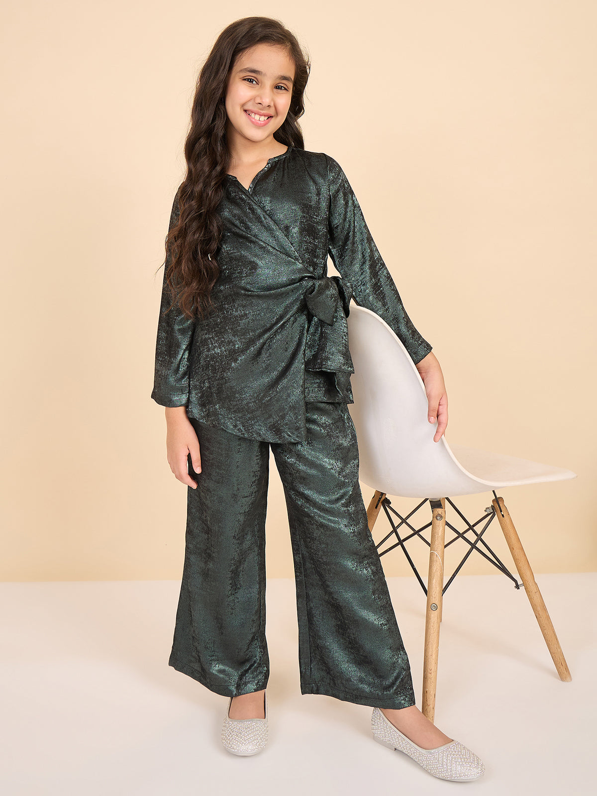 Girls Ankle Length Solid Top With Pants - Green