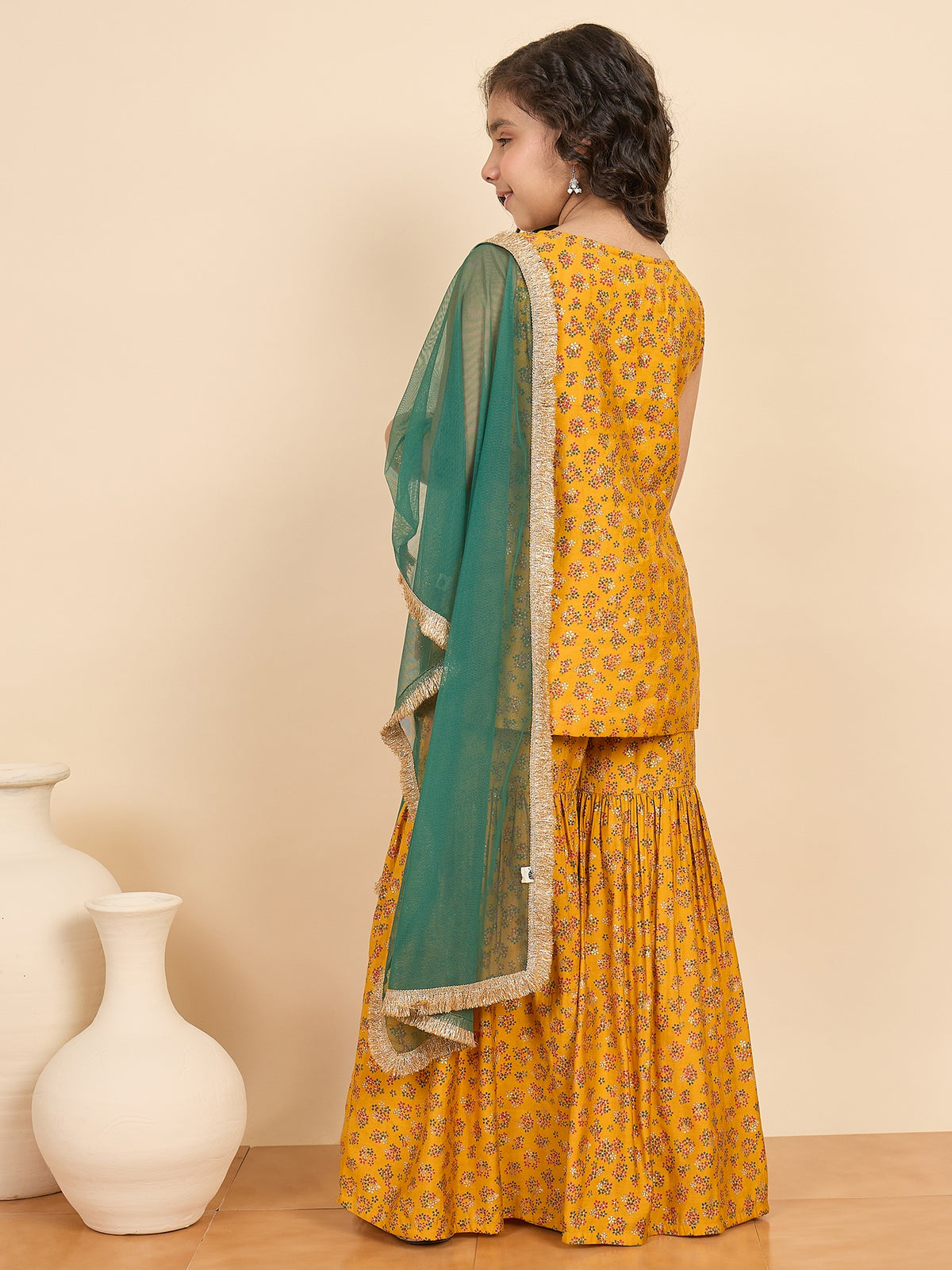 Girls Above Knee All over Print Kurti Set - Mustard