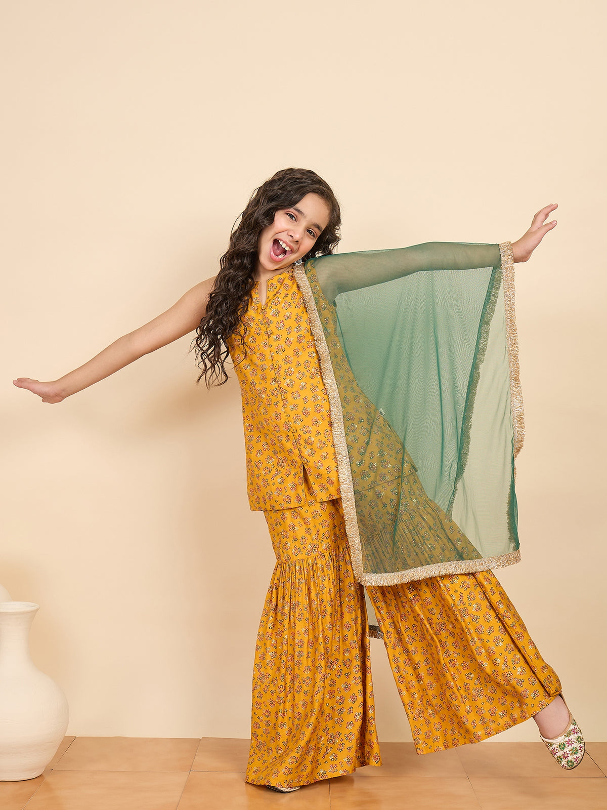 Girls Above Knee All over Print Kurti Set - Mustard