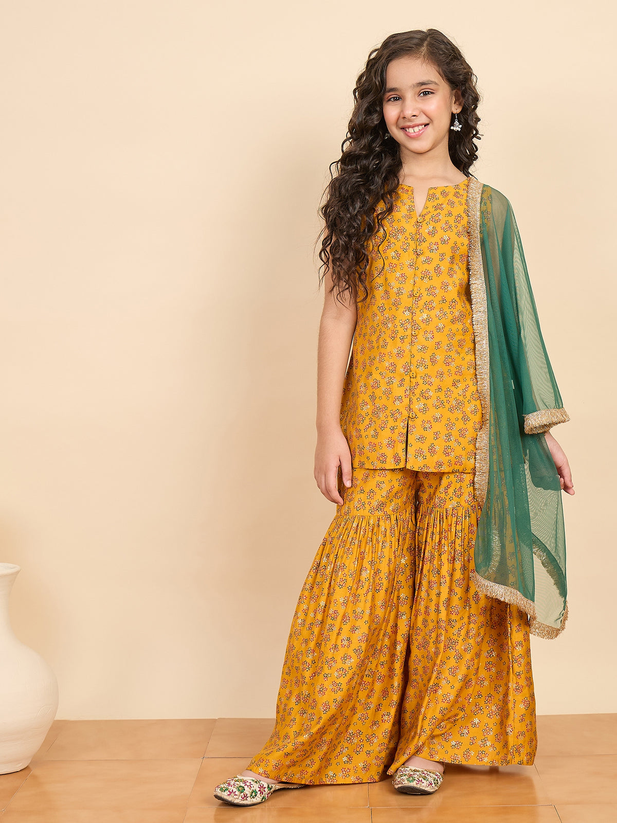 Girls Above Knee All over Print Kurti Set - Mustard