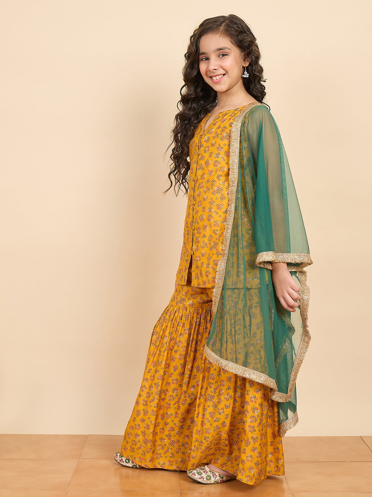 Girls Above Knee All over Print Kurti Set - Mustard
