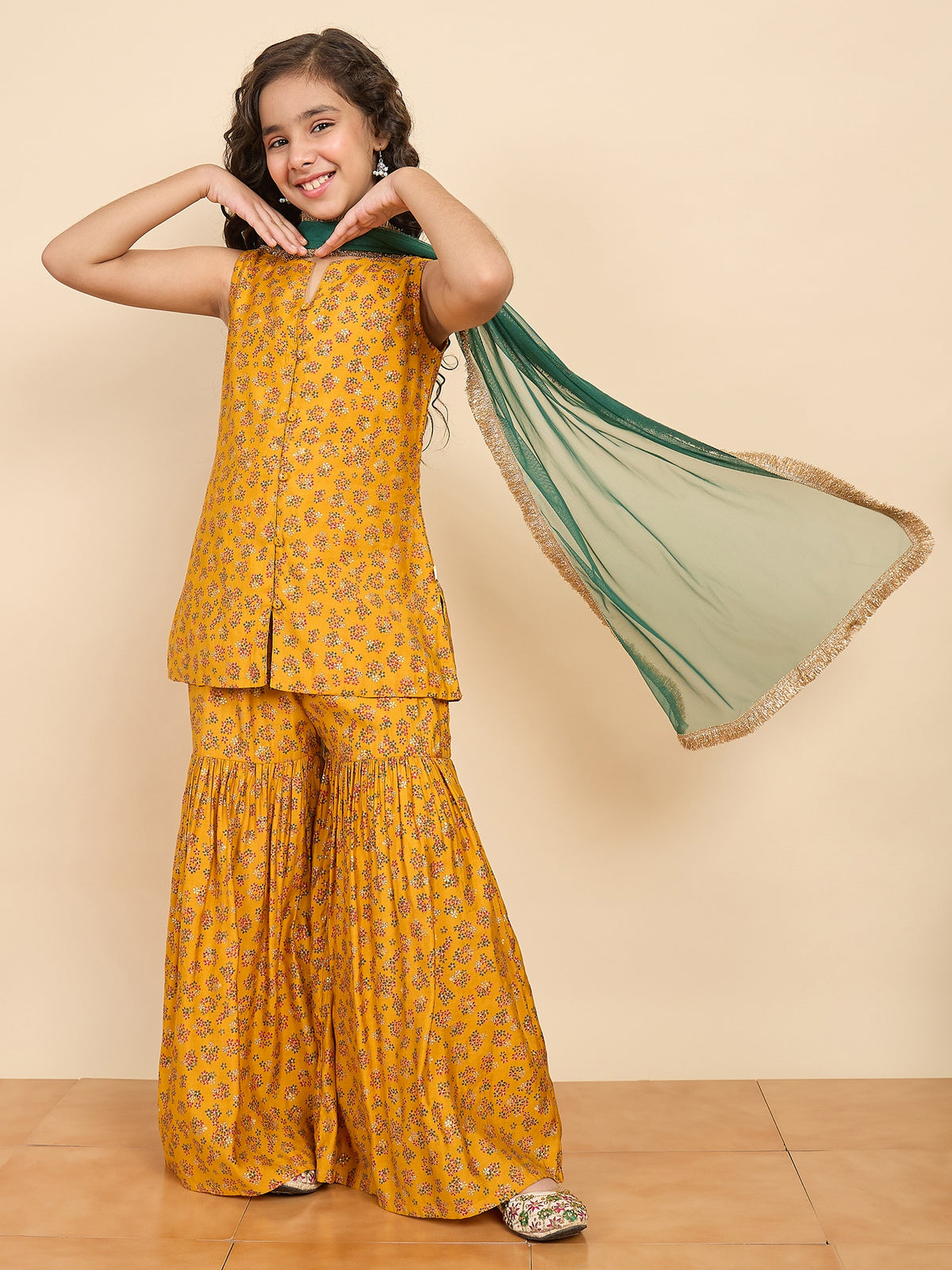 Girls Above Knee All over Print Kurti Set - Mustard