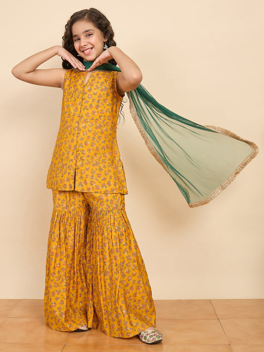 Girls Above Knee All over Print Kurti Set - Mustard