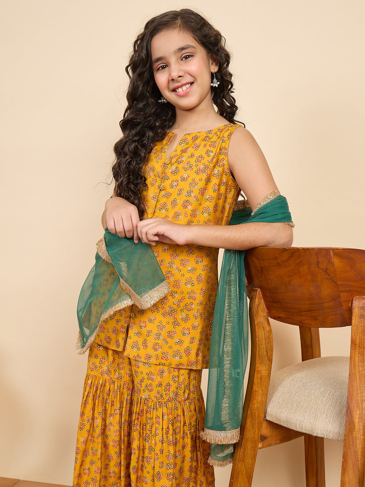 Girls Above Knee All over Print Kurti Set - Mustard