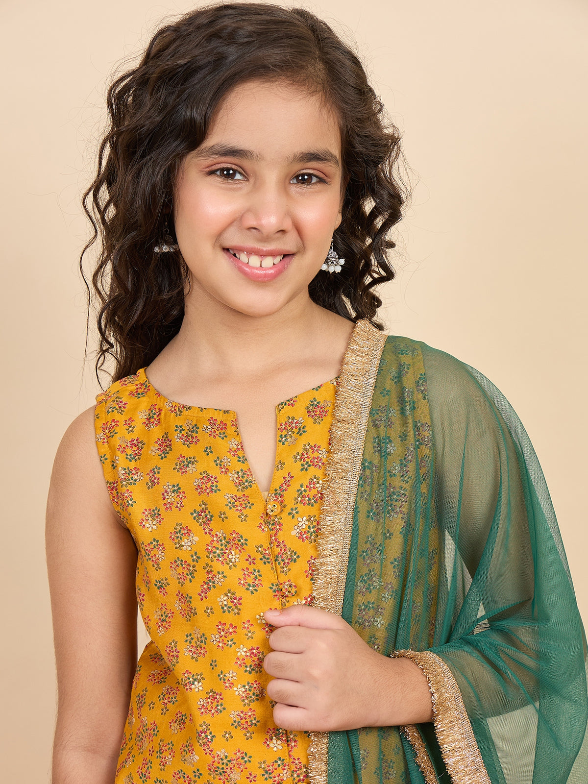Girls Above Knee All over Print Kurti Set - Mustard
