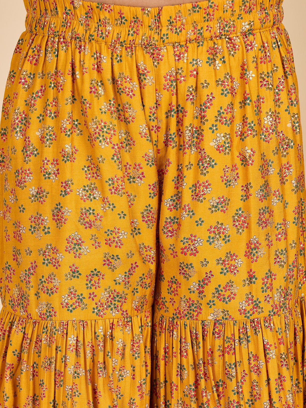 Girls Above Knee All over Print Kurti Set - Mustard