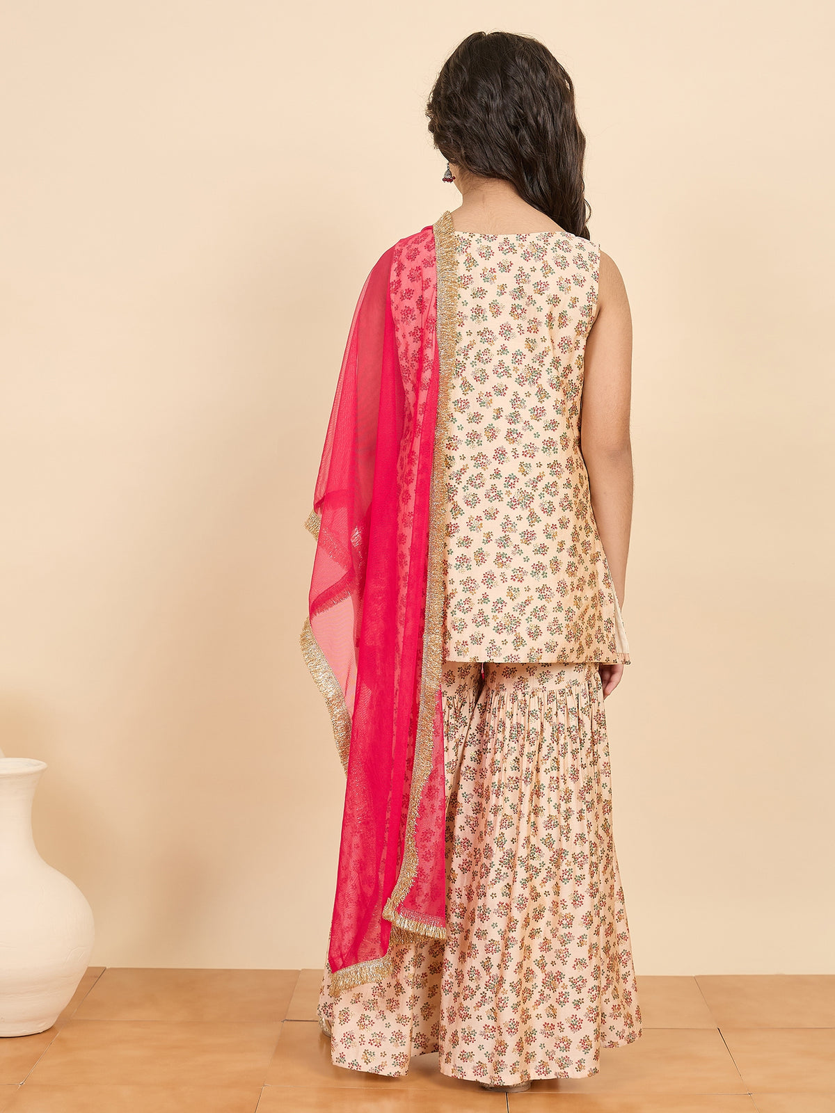 Girls Above Knee All over Print Kurti Set - Off-White