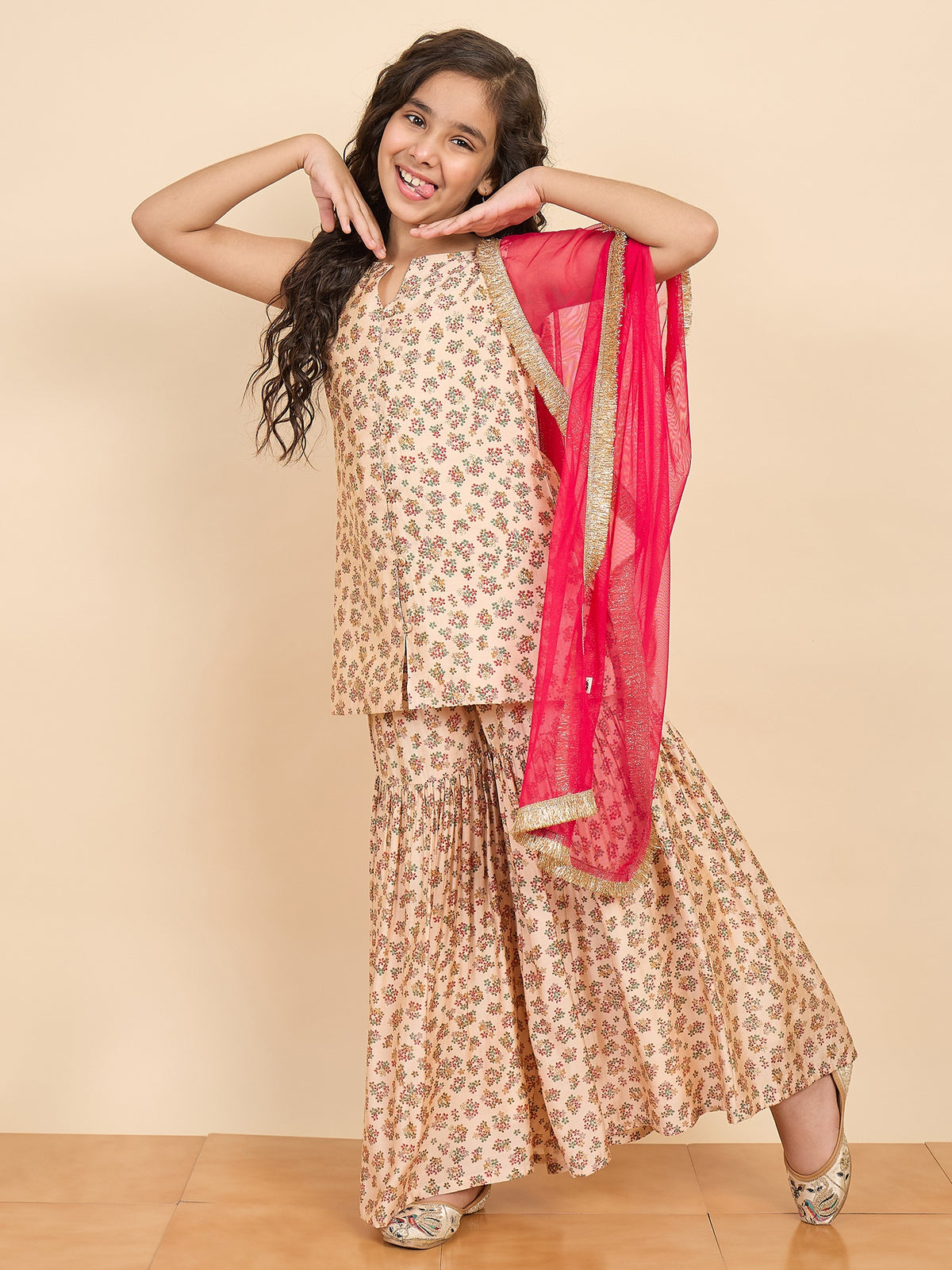 Girls Above Knee All over Print Kurti Set - Off-White