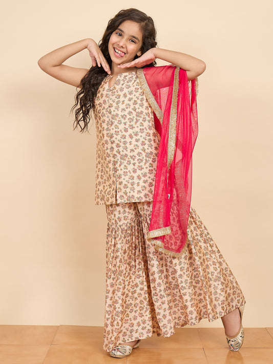 Girls Above Knee All over Print Kurti Set - Off-White