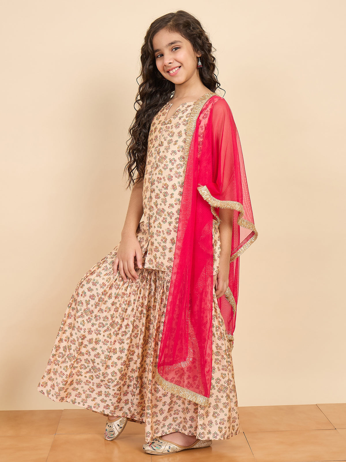 Girls Above Knee All over Print Kurti Set - Off-White