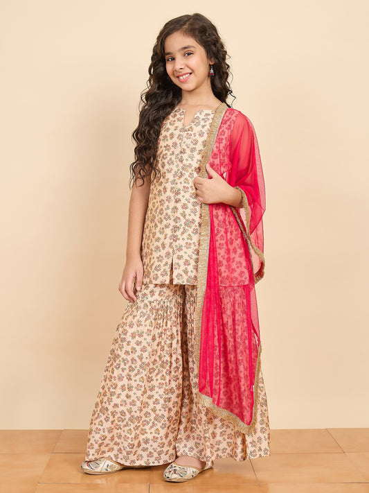 Girls Above Knee All over Print Kurti Set - Off-White