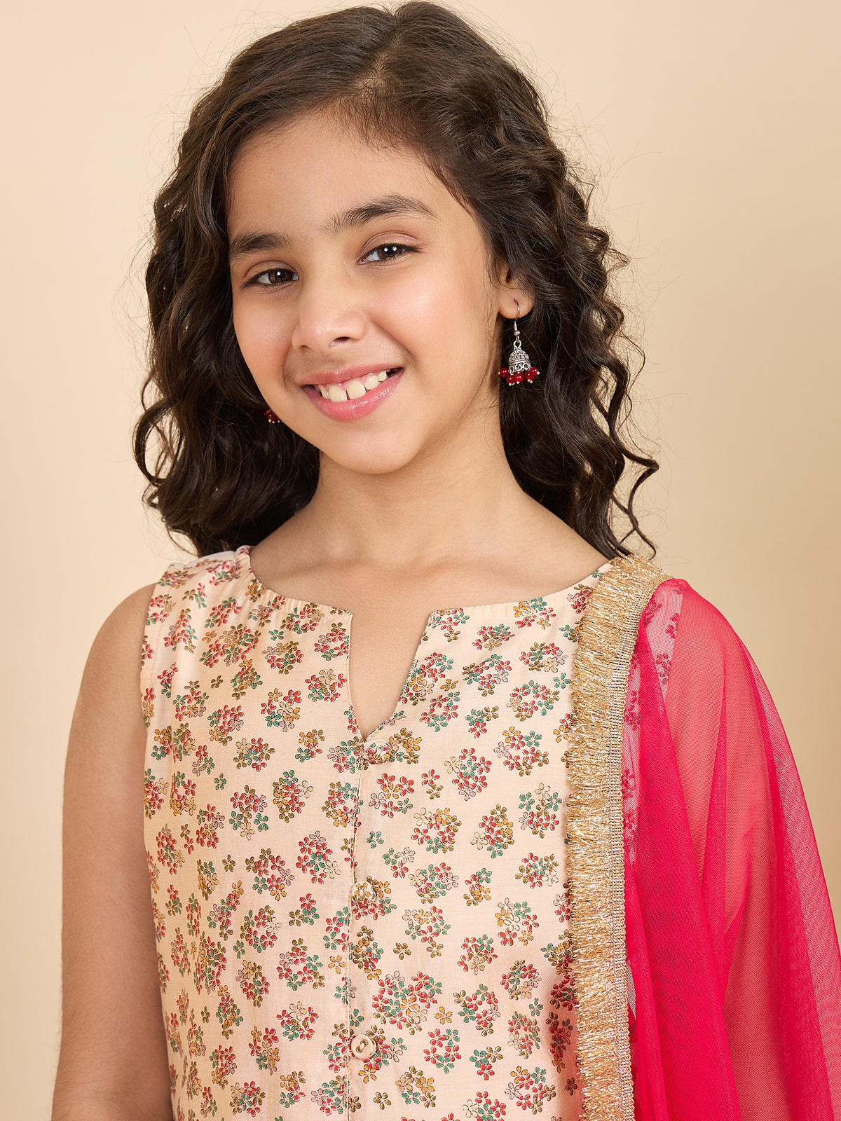 Girls Above Knee All over Print Kurti Set - Off-White