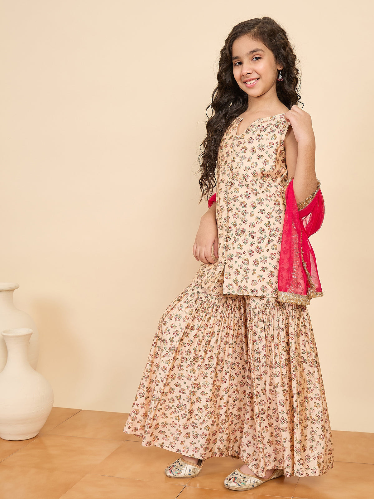 Girls Above Knee All over Print Kurti Set - Off-White