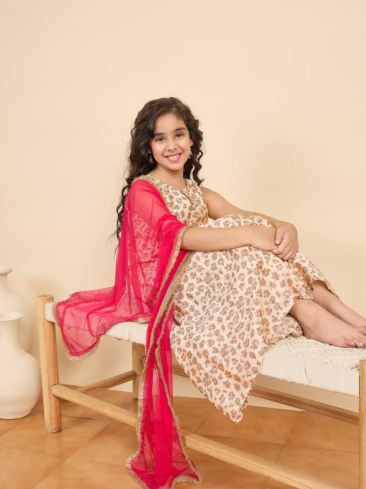 Girls Above Knee All over Print Kurti Set - Off-White