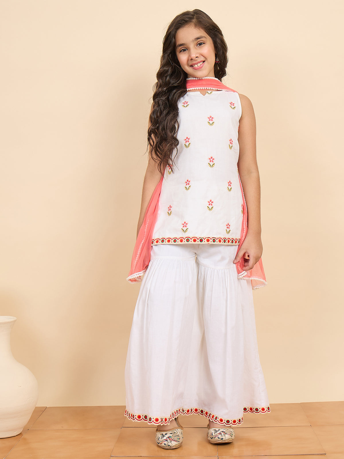 Girls Above Knee Embroidery Kurti Set - Off-White