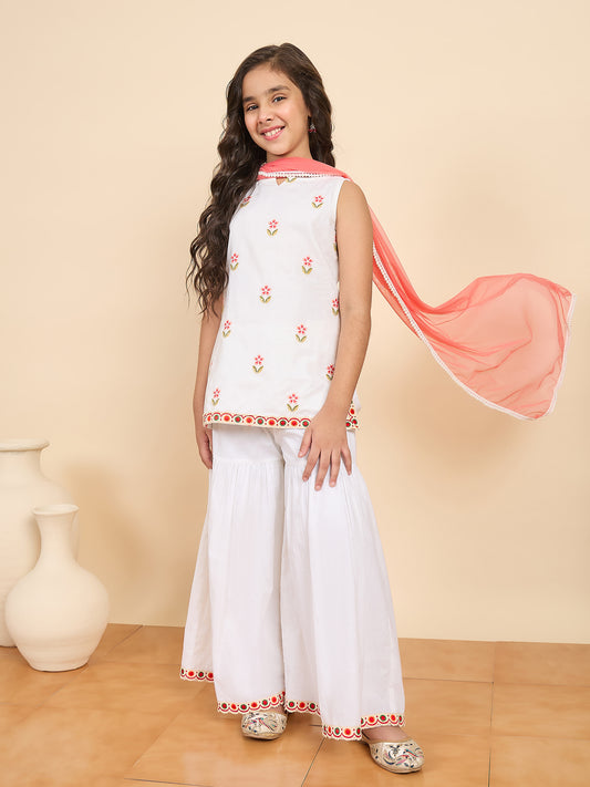 Girls Above Knee Embroidery Kurti Set - Off-White