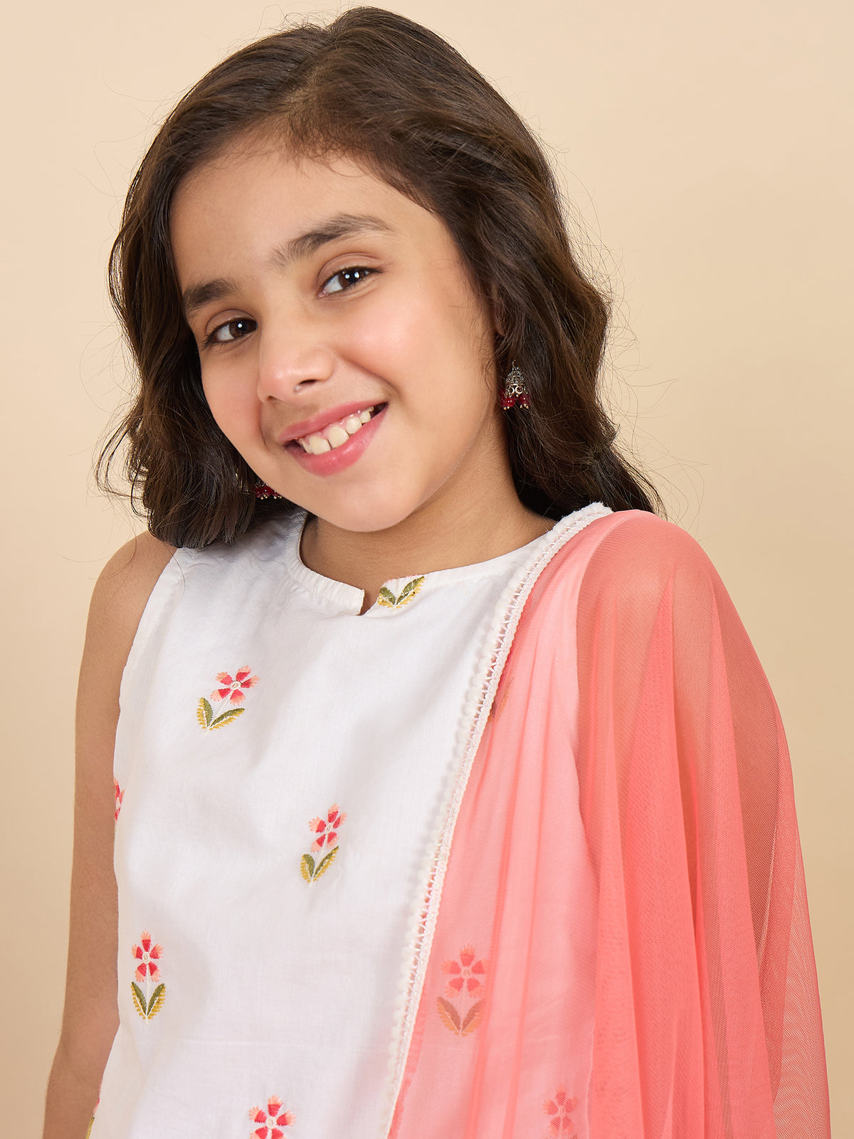 Girls Above Knee Embroidery Kurti Set - Off-White