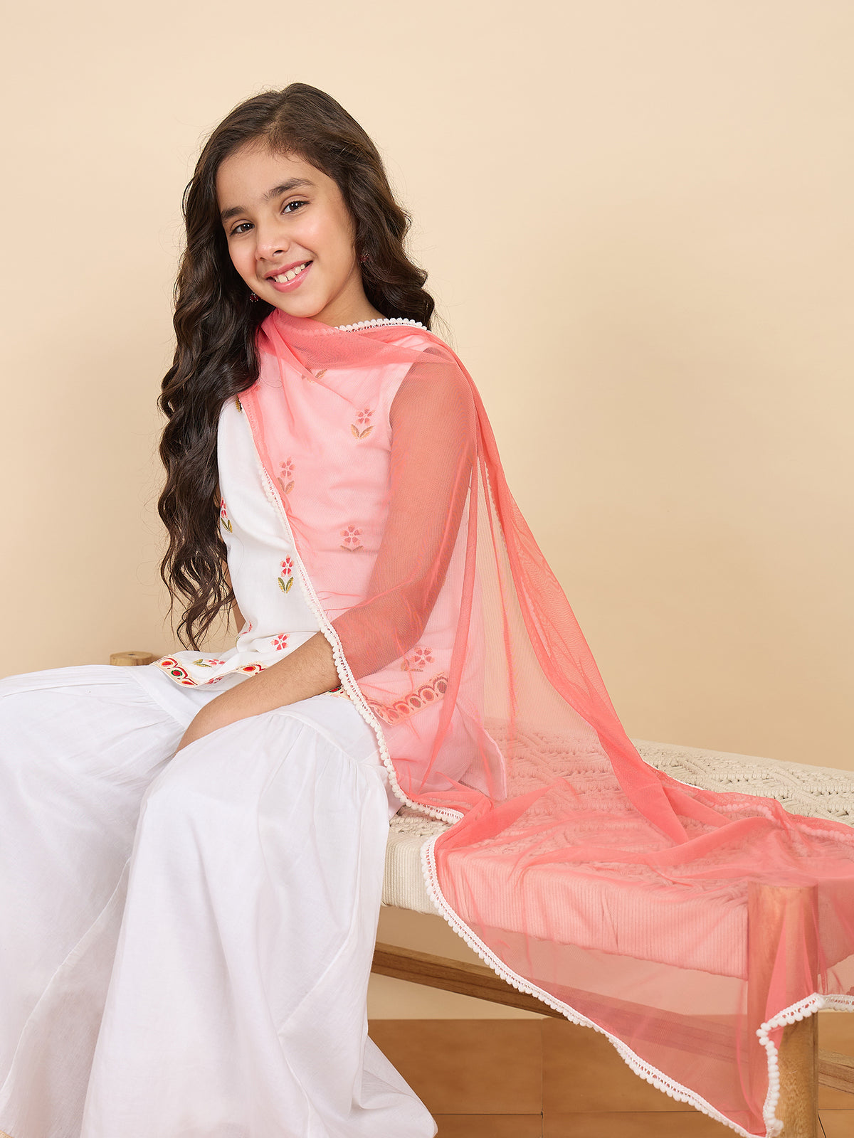 Girls Above Knee Embroidery Kurti Set - Off-White