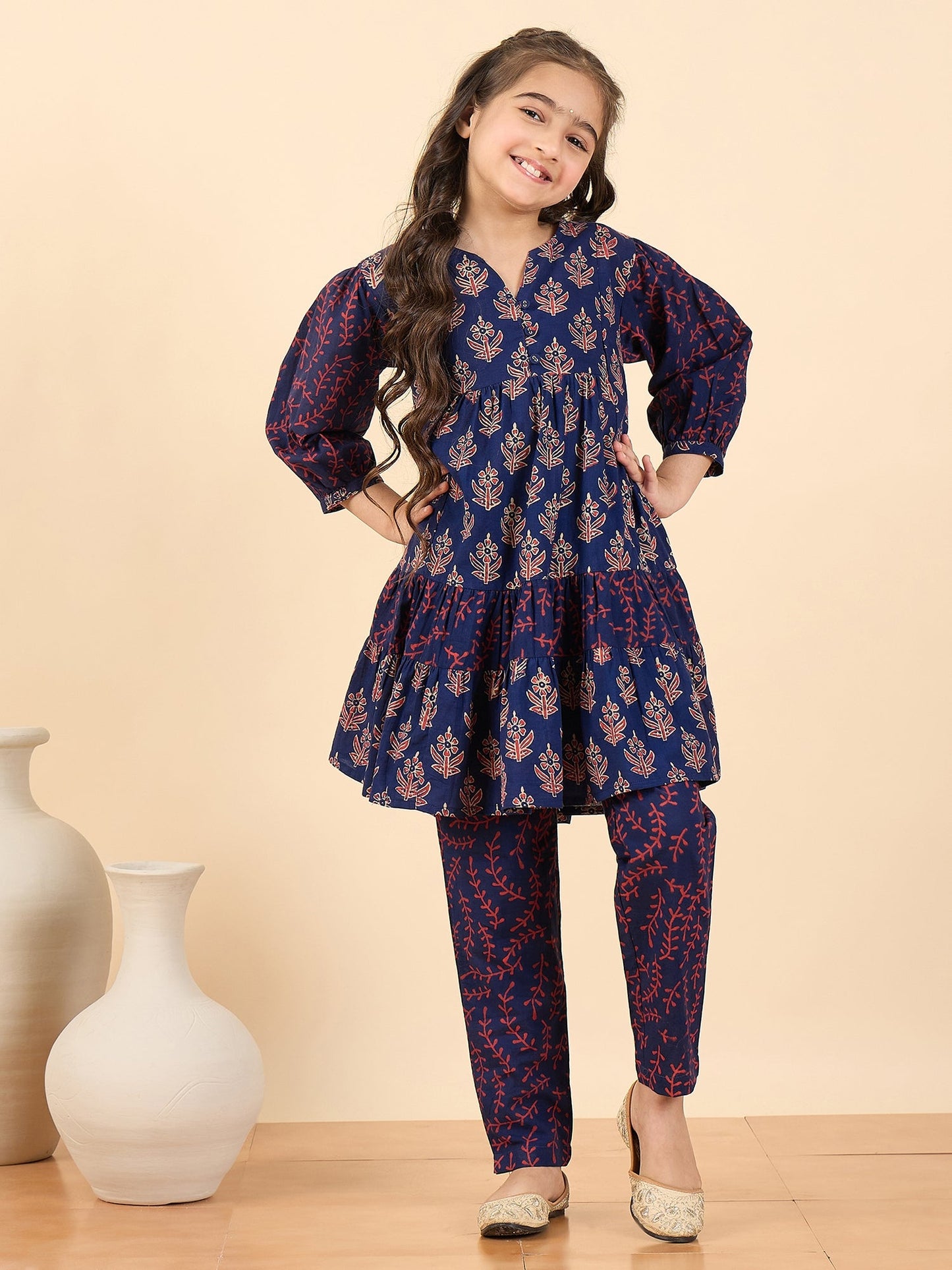 Girls Above Knee All over Print Kurti Set - Blue