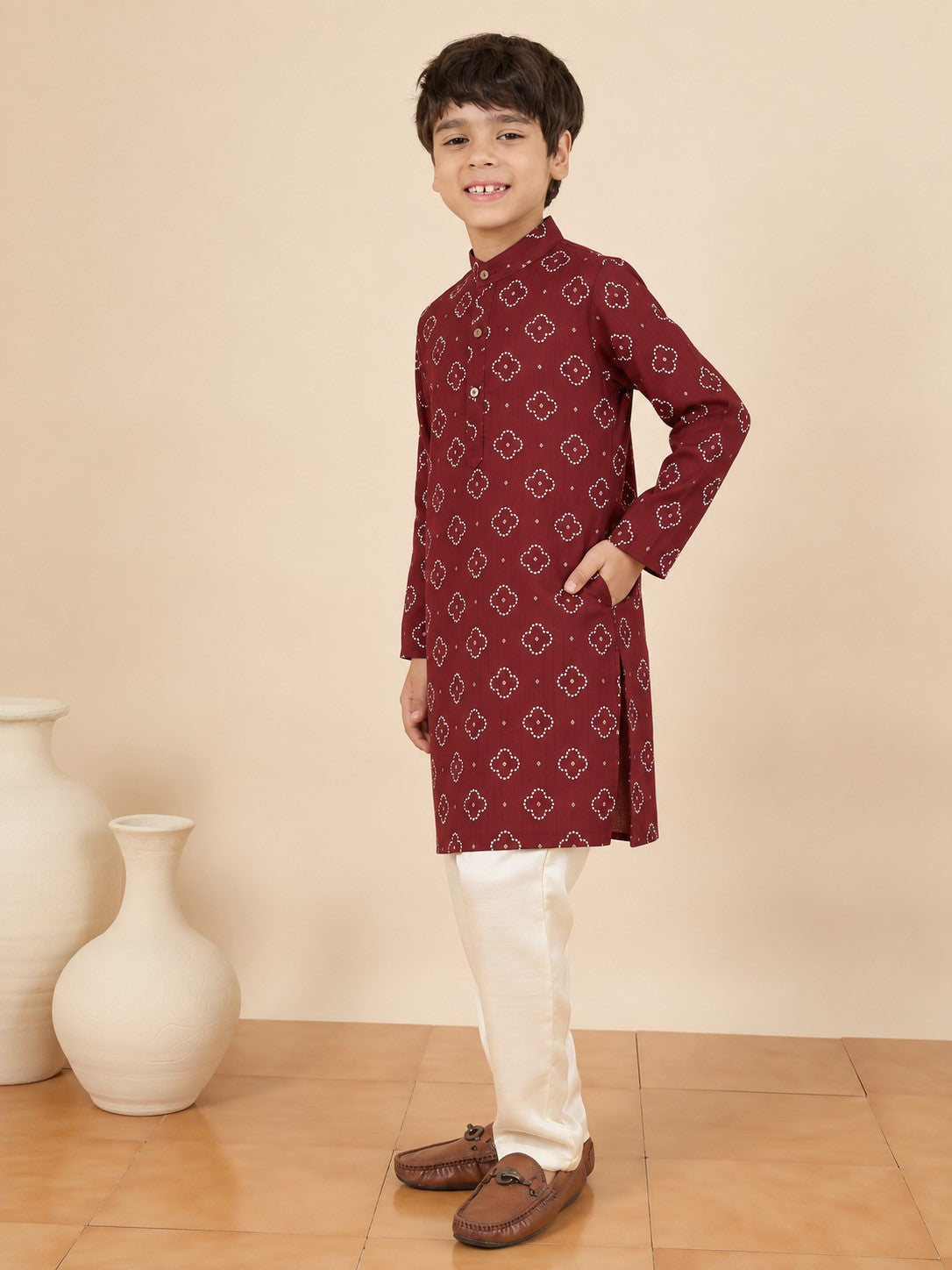 Boys Above Knee All over Print Kurta Set - Maroon
