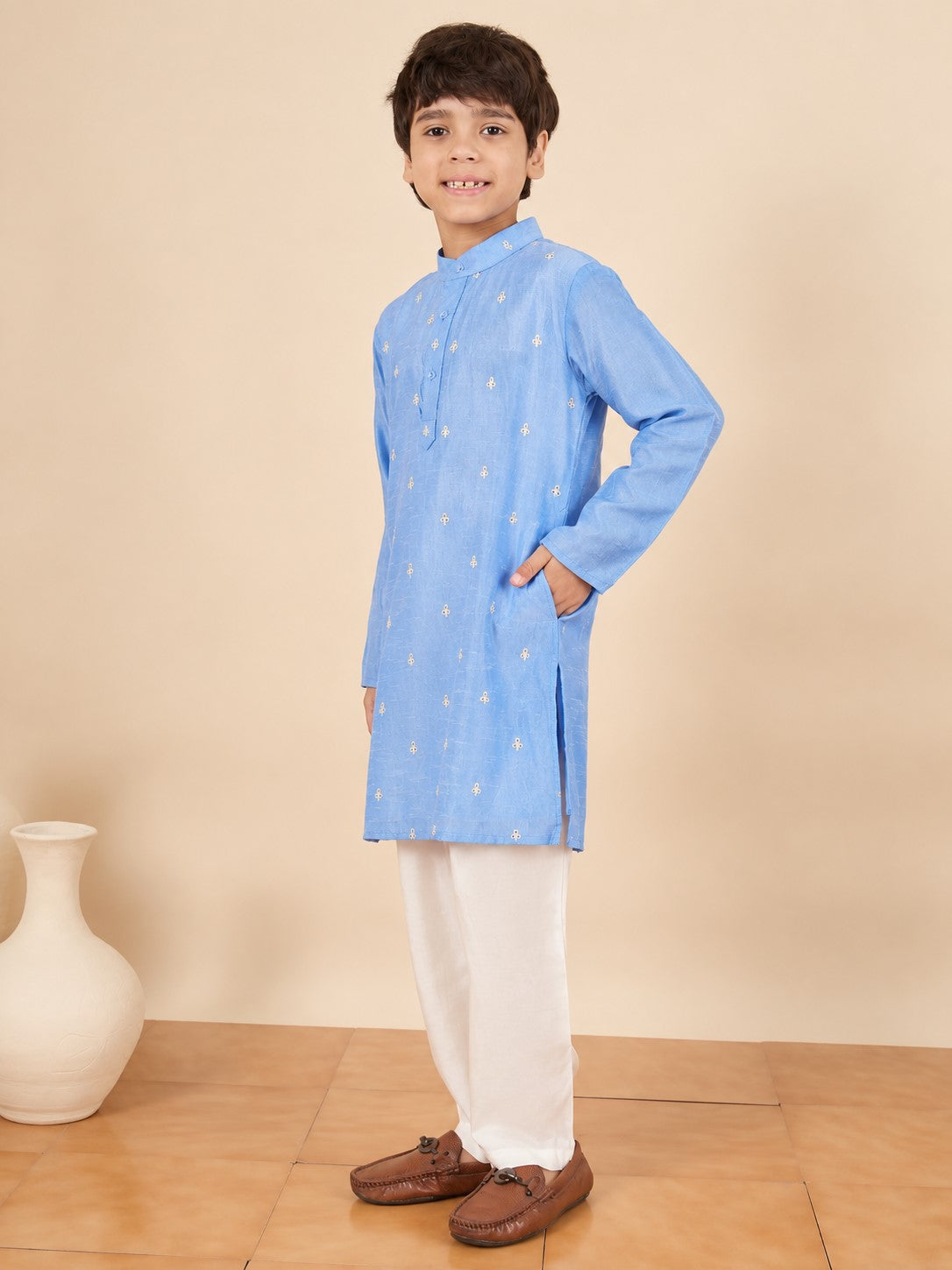 Boys Above Knee Embroidery Kurta Set - Blue