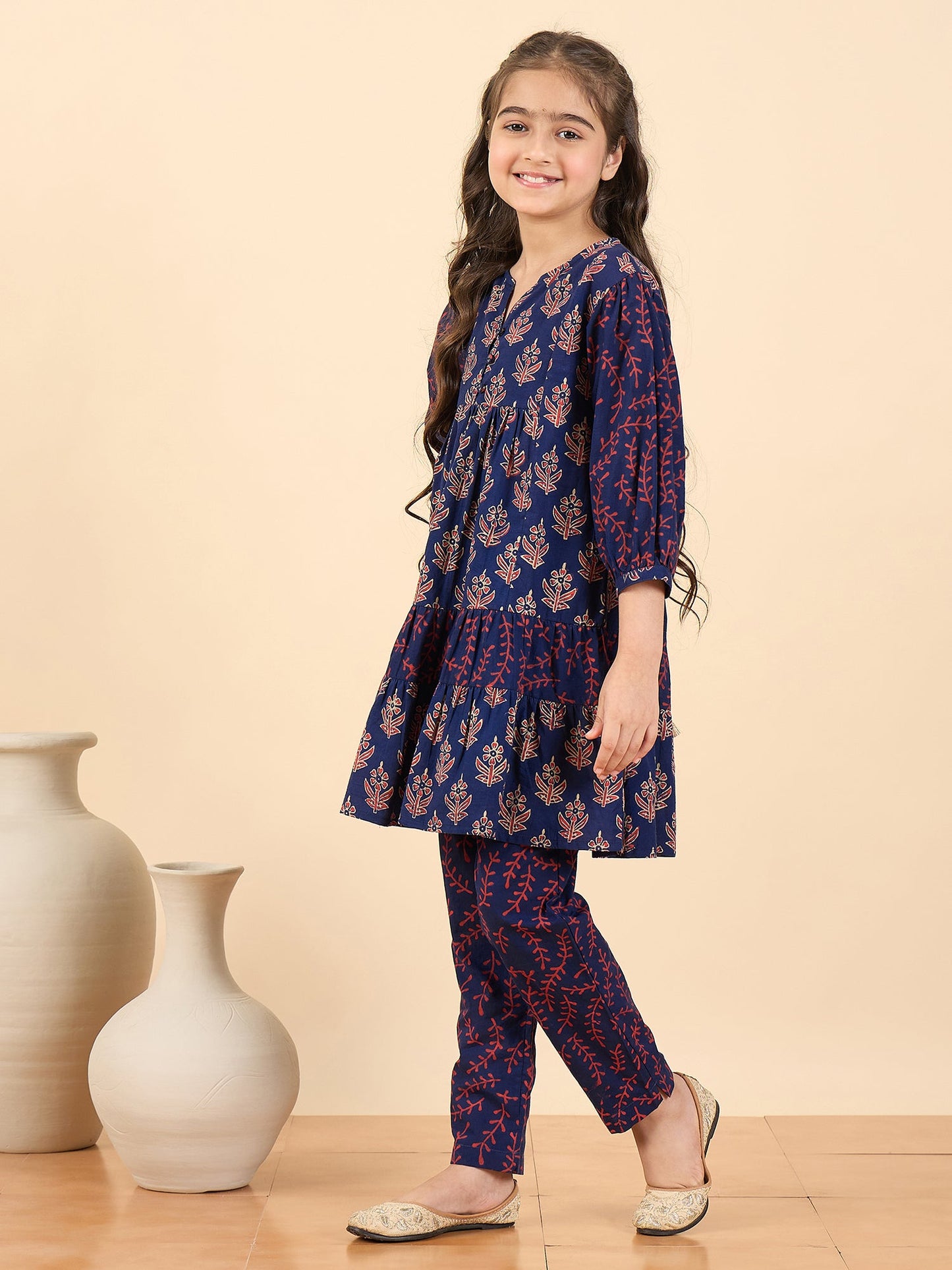 Girls Above Knee All over Print Kurti Set - Blue