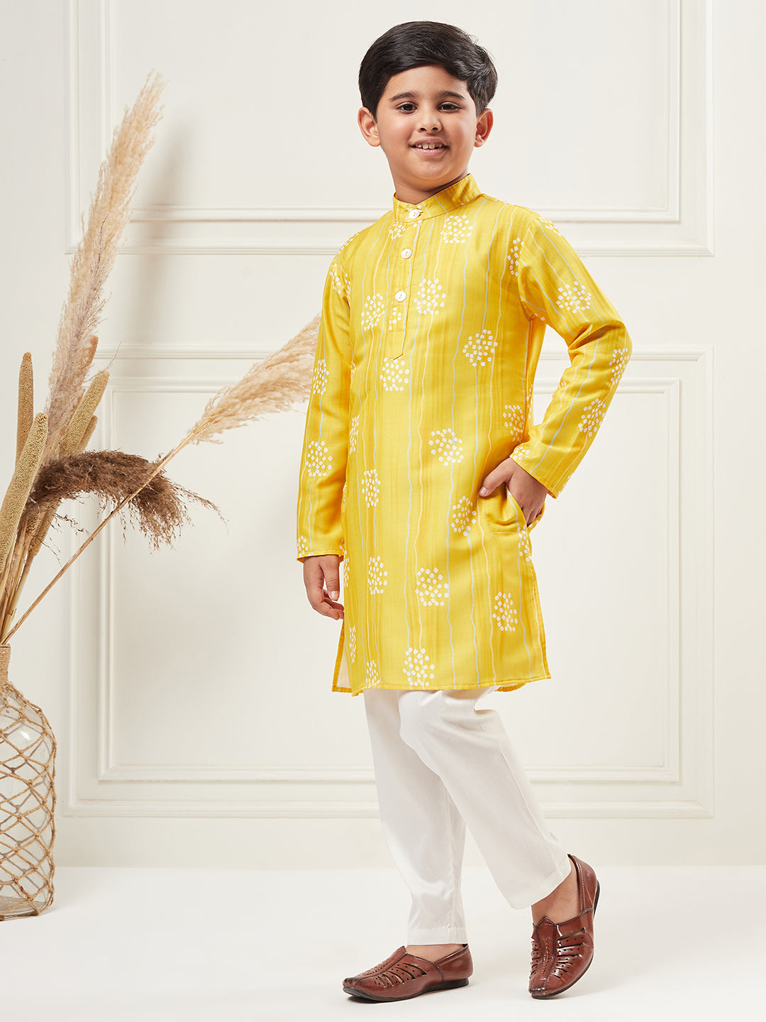 Boys Yellow Printed Polyester Kurta Set