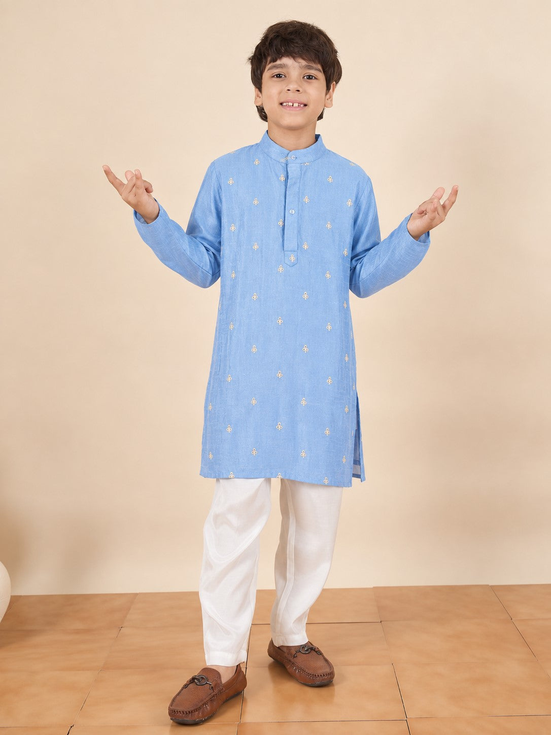 Boys Above Knee Embroidery Kurta Set - Blue