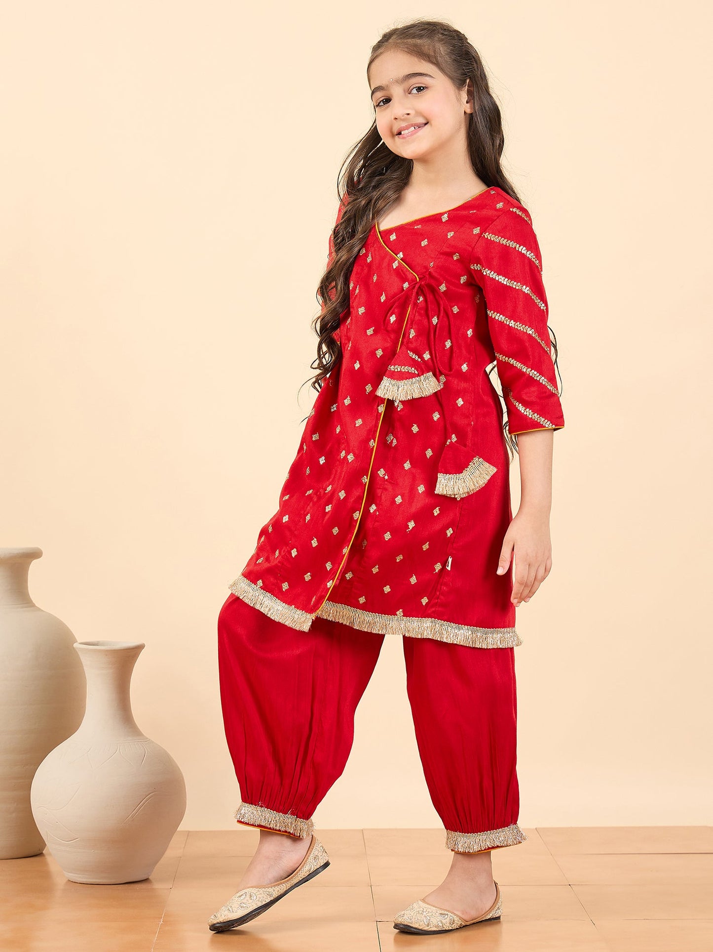 Girls Above Knee Embroidery Kurti Set - Red