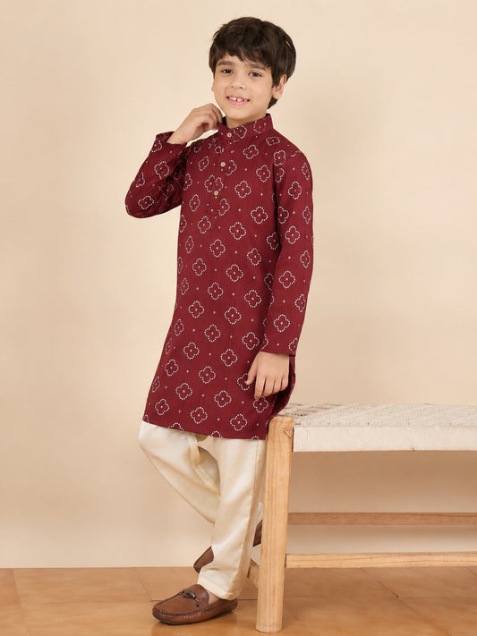 Boys Above Knee All over Print Kurta Set - Maroon