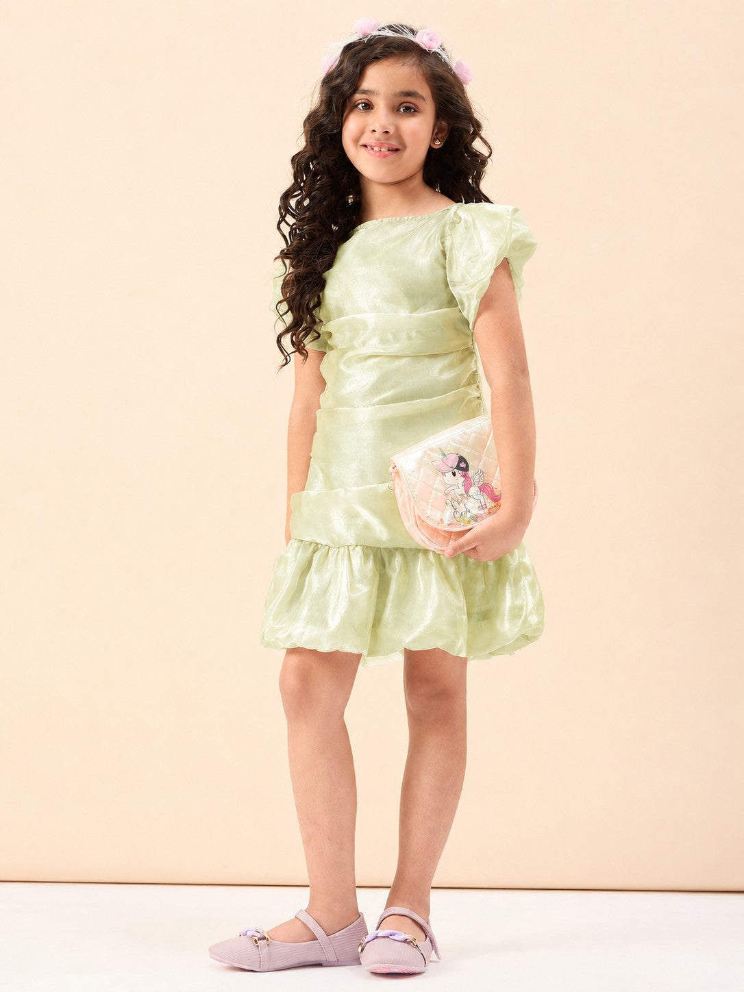 Girls Knee Length Solid Dress - Green