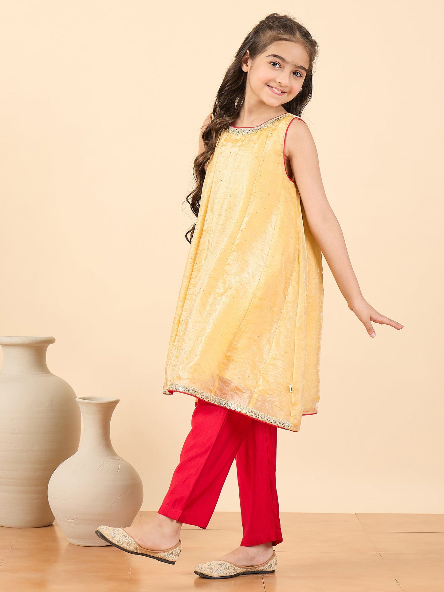 Girls Full Length Solid Kurti Set - Yellow