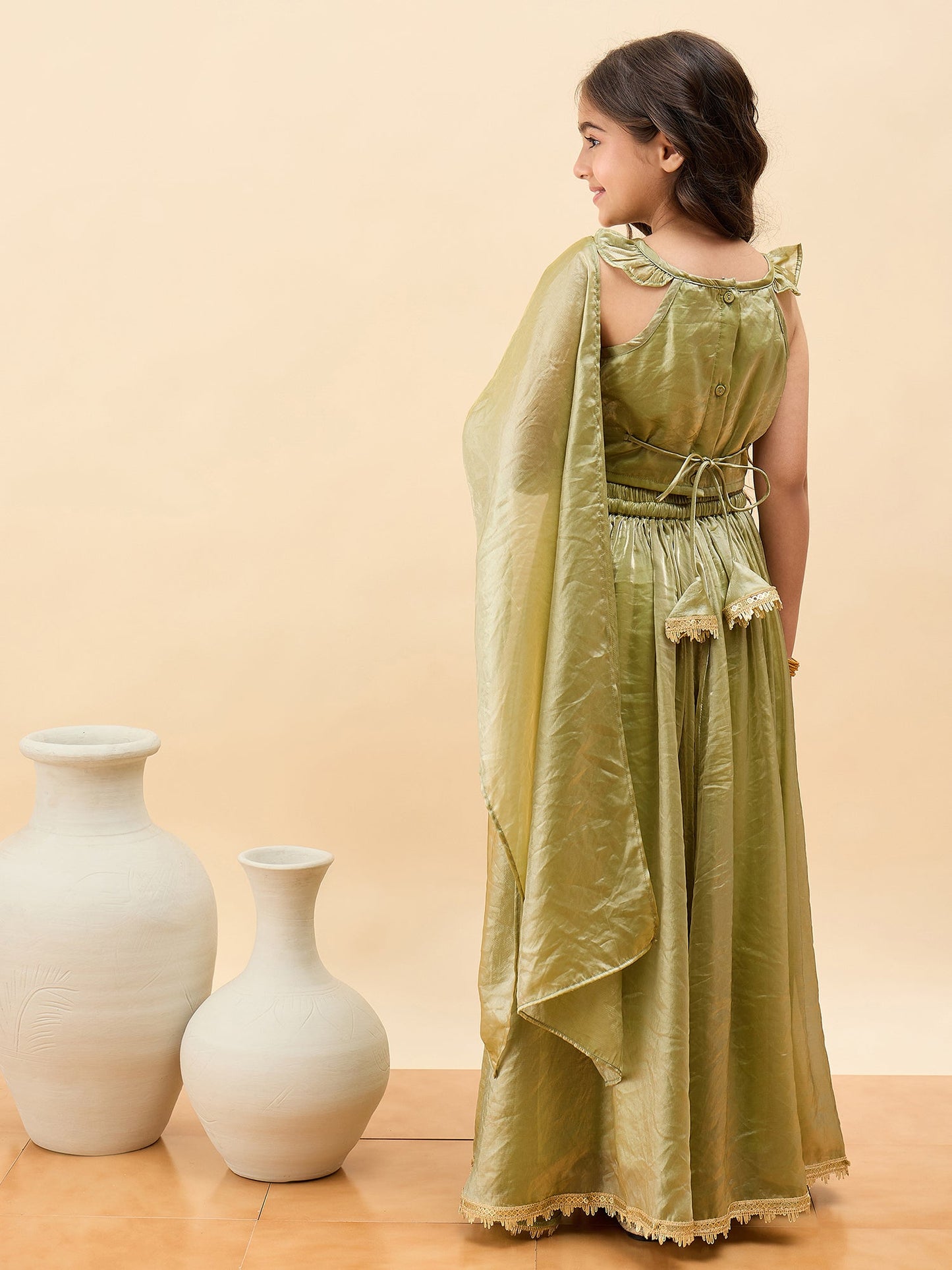 Girls Waist Length Embroidery Lehenga Choli - Green