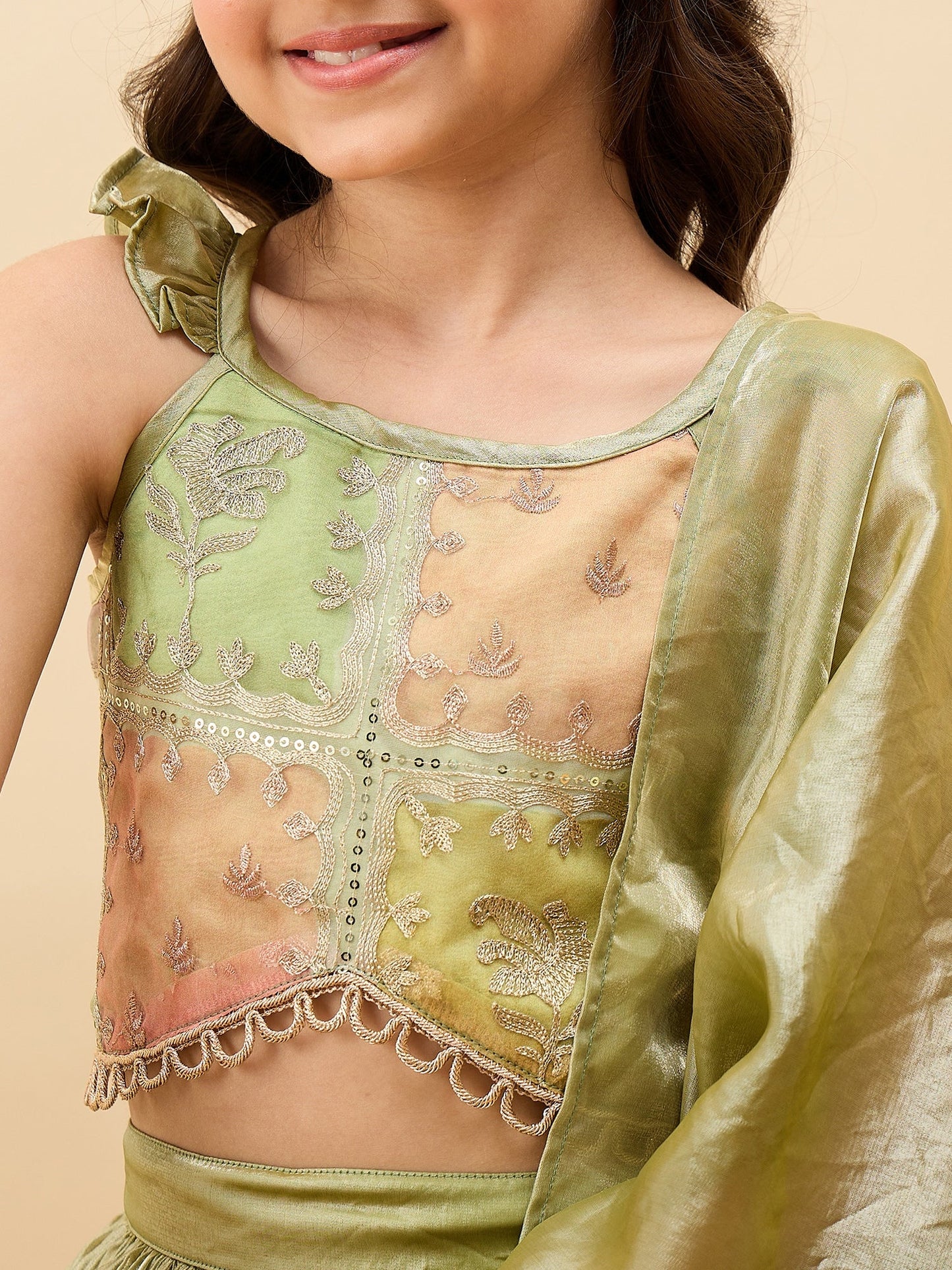 Girls Waist Length Embroidery Lehenga Choli - Green