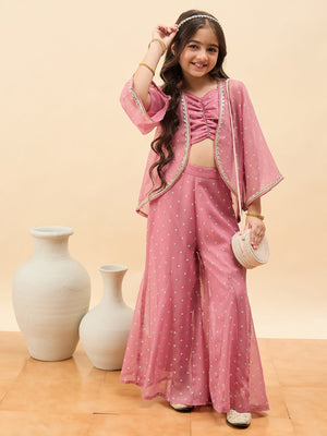 Girls Waist Length All over Print Kurti Set - Peach
