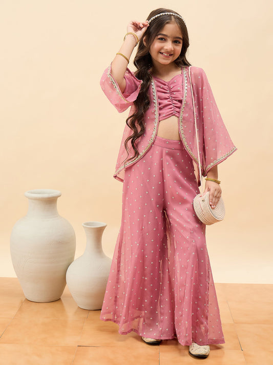 Girls Waist Length All over Print Kurti Set - Peach