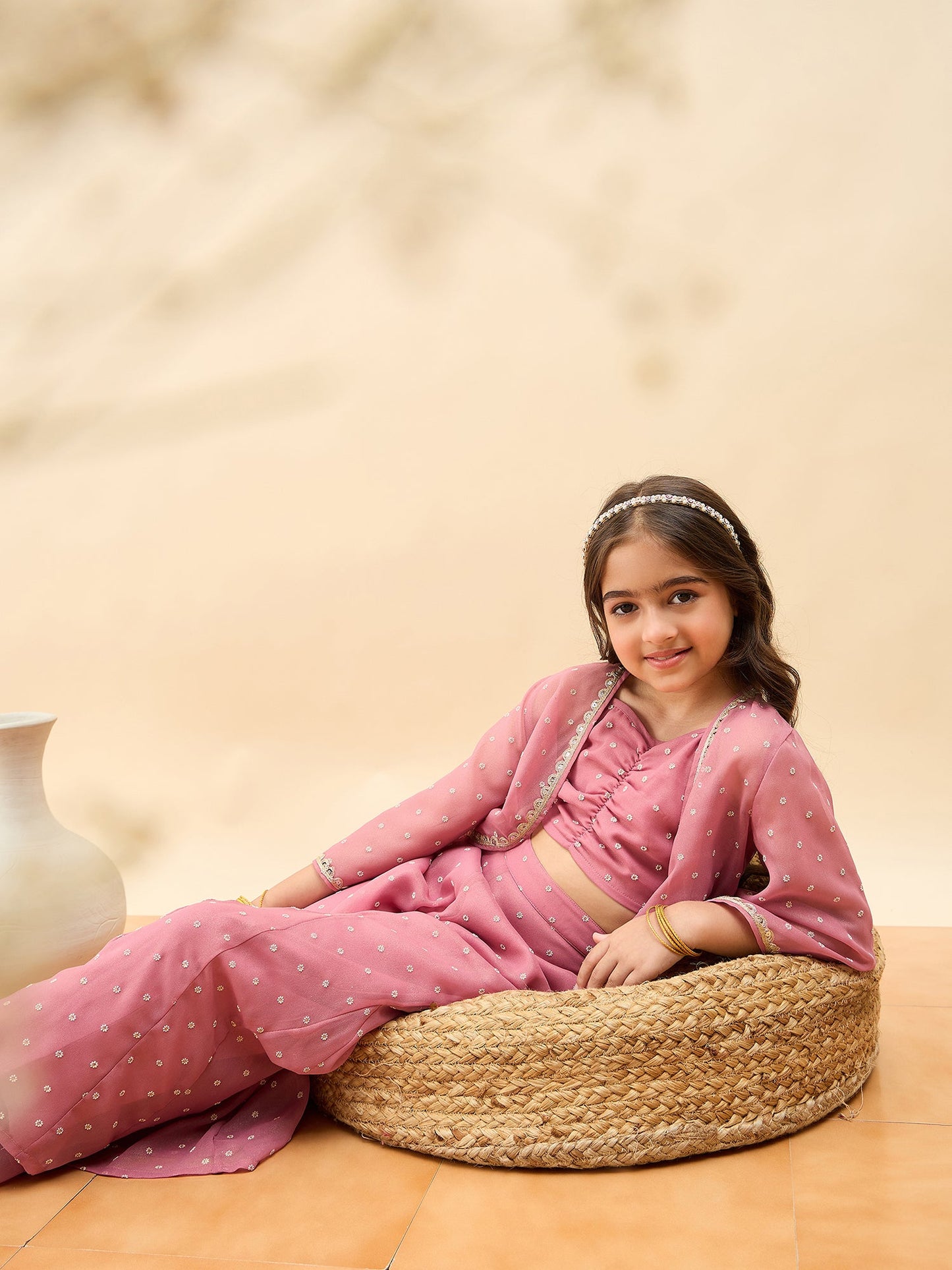 Girls Waist Length All over Print Kurti Set - Peach