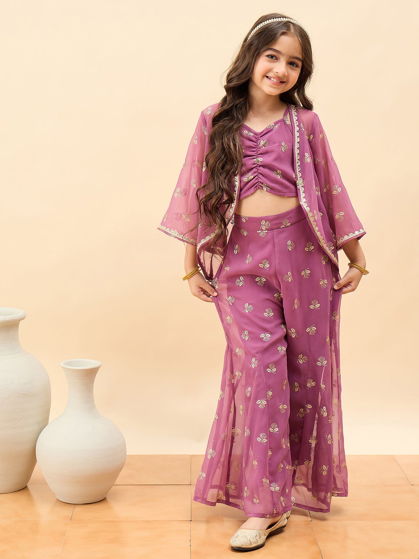 Girls Waist Length All over Print Kurti Set - Pink