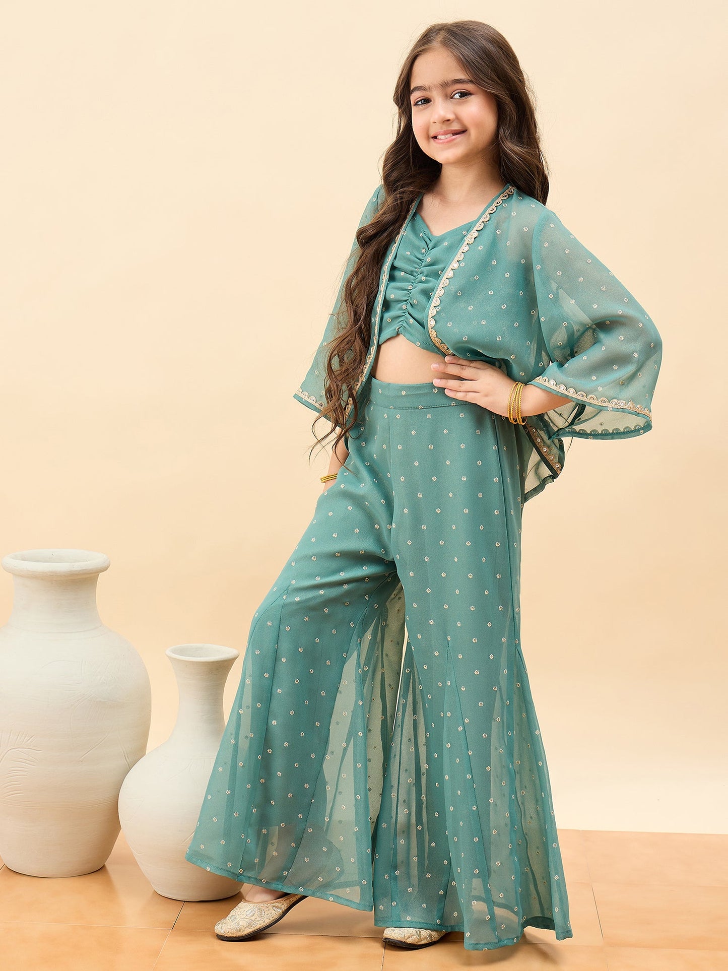 Girls Waist Length All over Print Kurti Set - Green