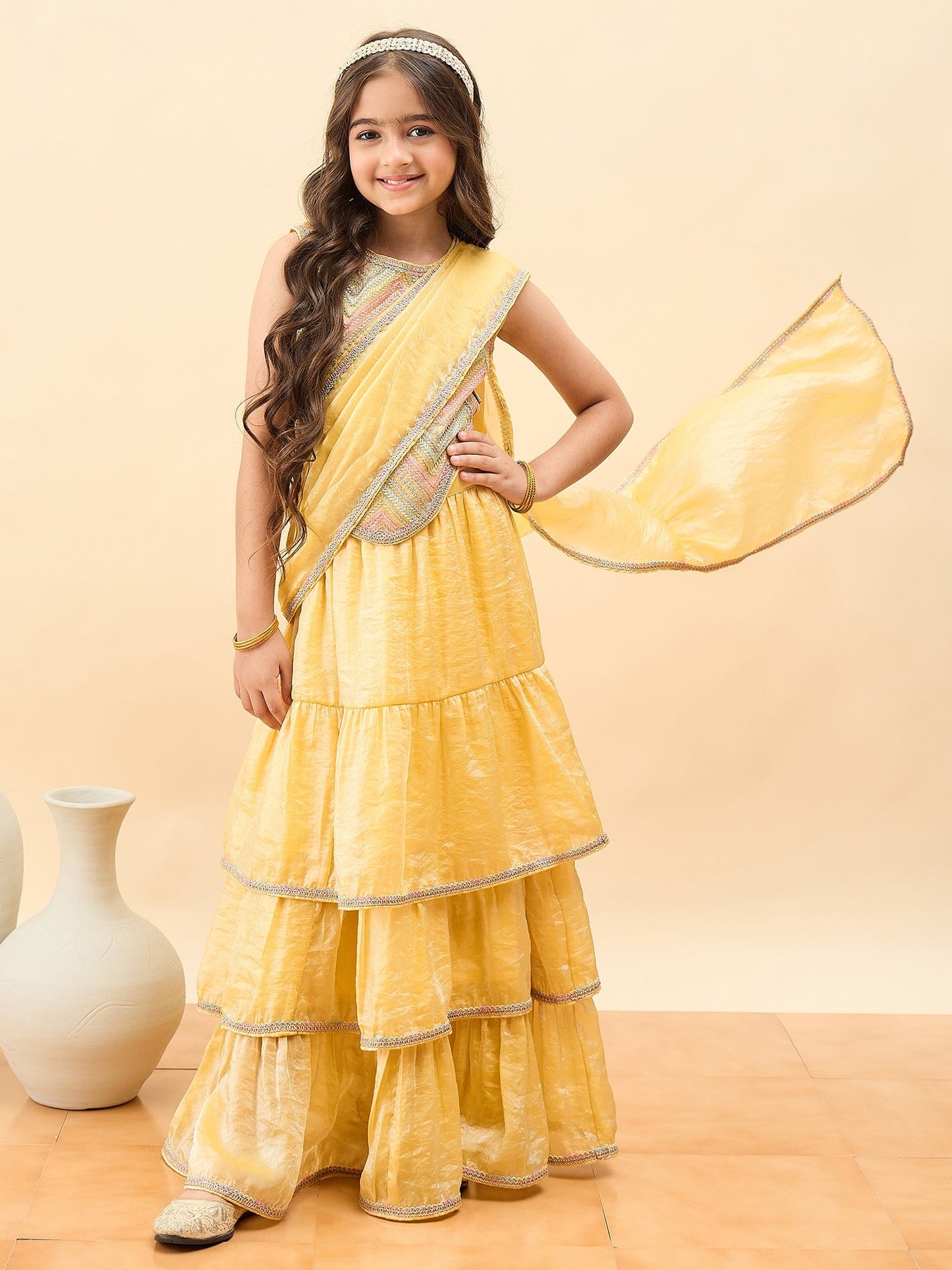 Girls Waist Length Embroidery Saree - Multi