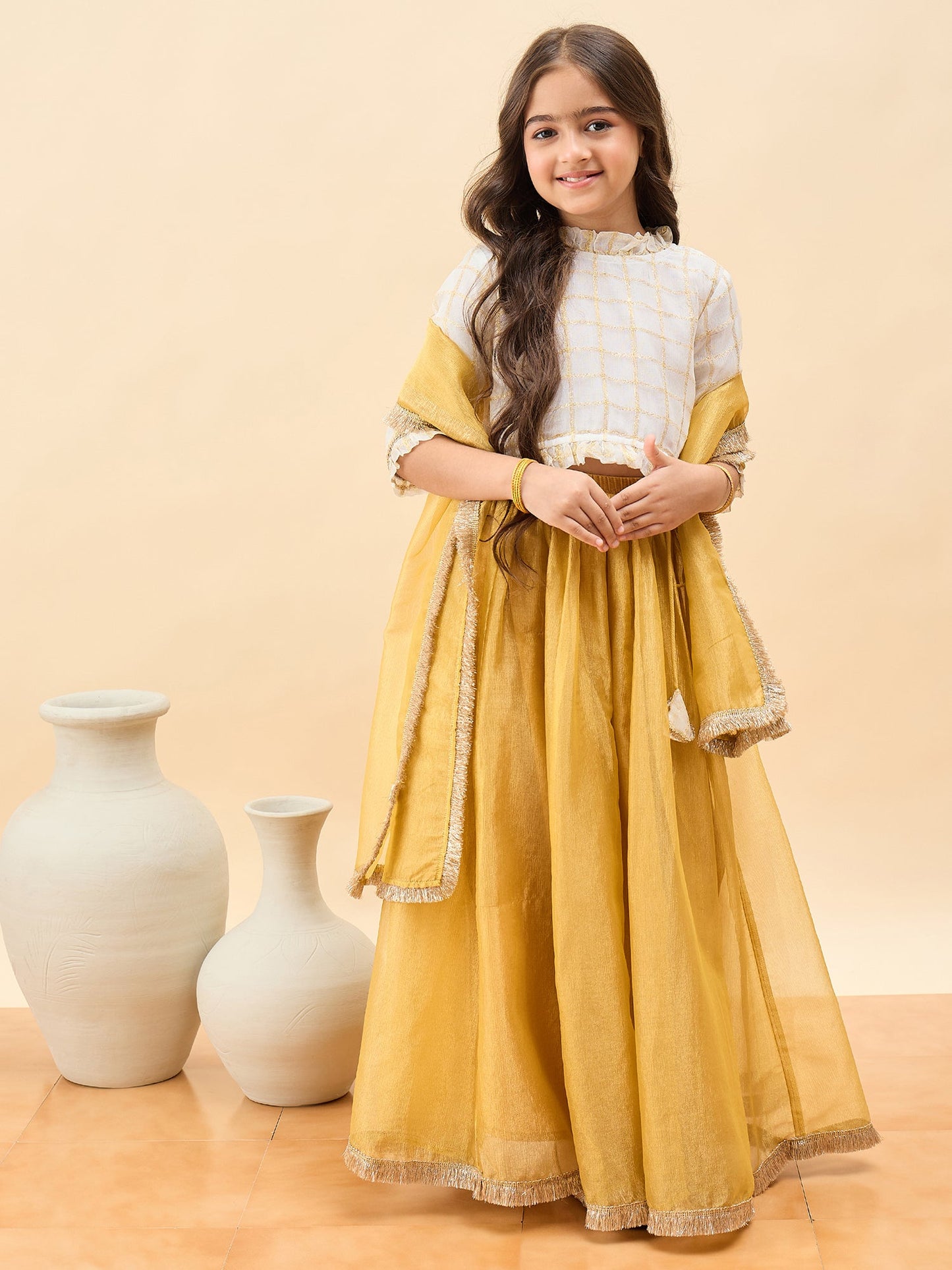 Girls Waist Length Embroidery Lehenga Choli - Off-White