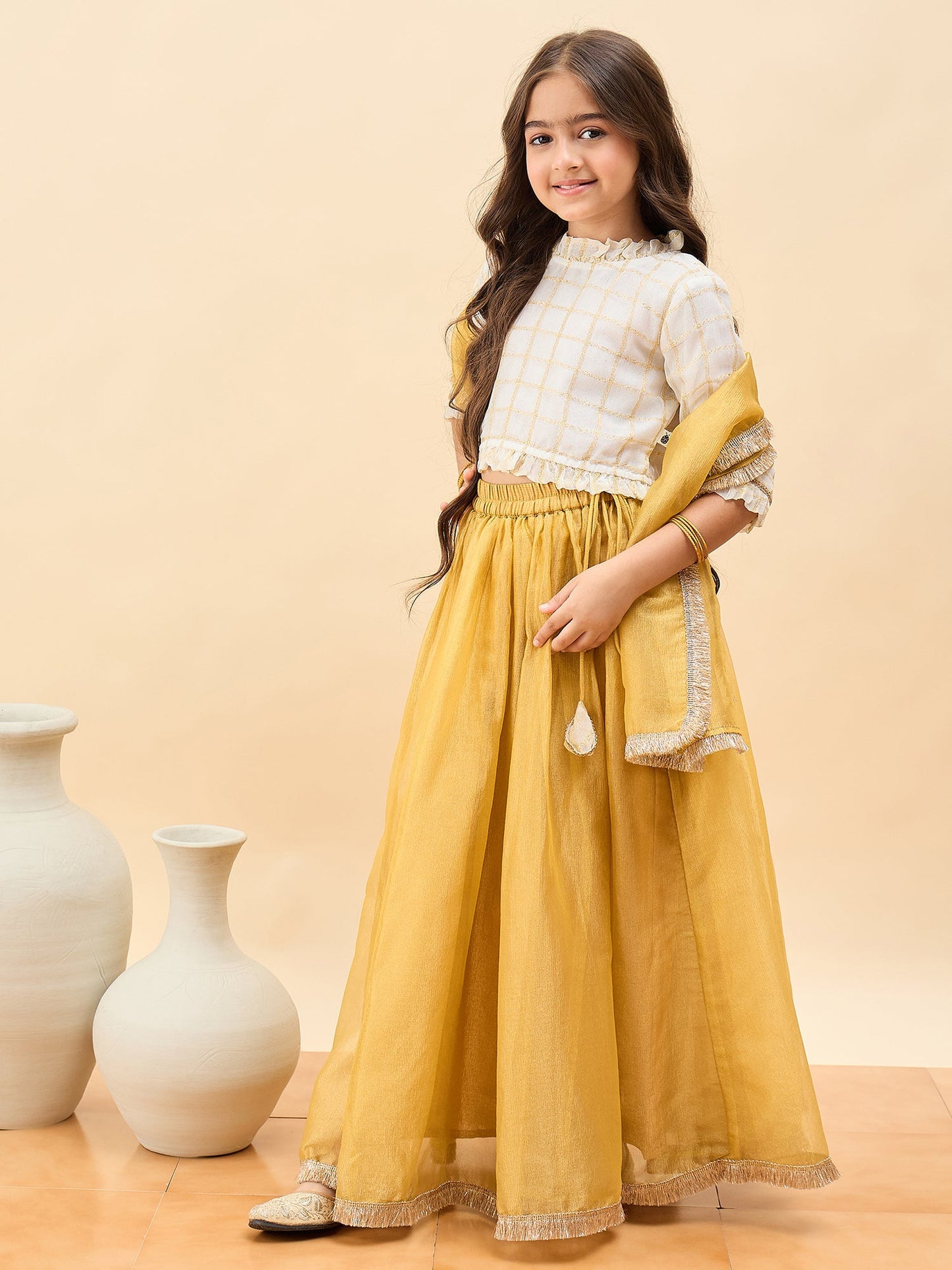 Girls Waist Length Embroidery Lehenga Choli - Off-White