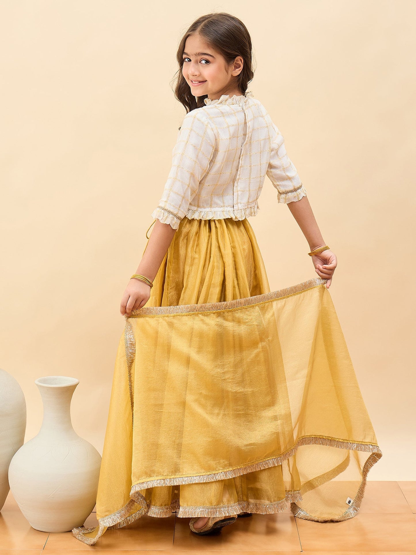 Girls Waist Length Embroidery Lehenga Choli - Off-White