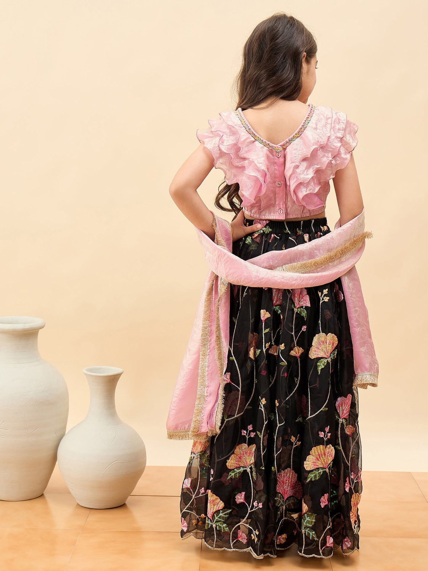 Girls Waist Length Embroidery Lehenga Choli - Pink